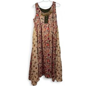 Sleeveless Floral Midi Dress in Beige and Olive Anthropologie